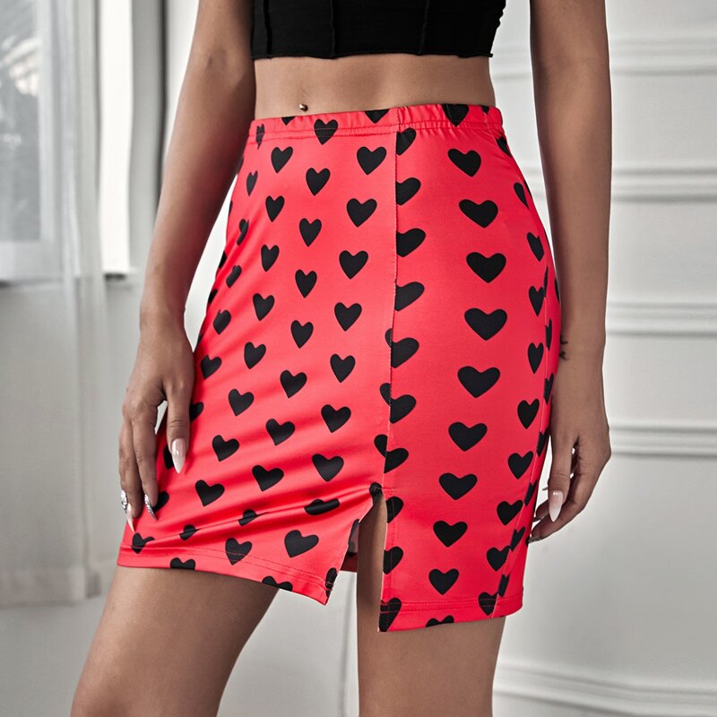 

Allover Heart Print Split Mini Skirt, Red