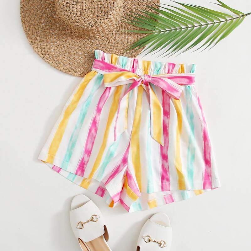 

Striped Belted Paperbag Waist Shorts, Multicolor