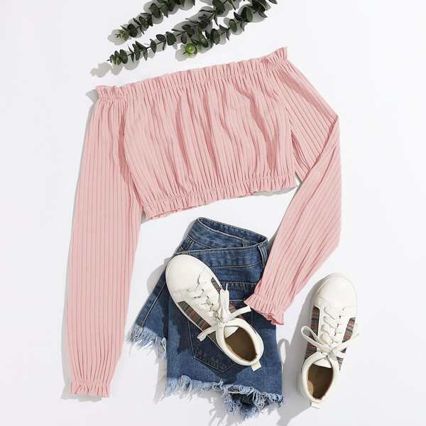 

Rib-Knit Frill Trim Crop Bardot Top, Pink
