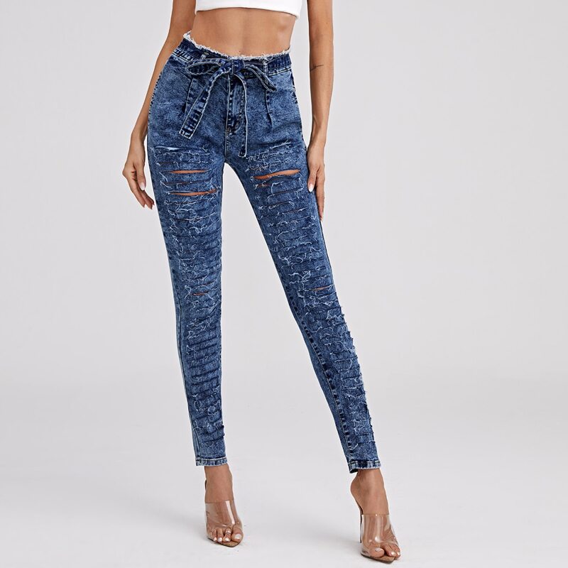 

Ladder Distressed Belted Skinny Jeans, Medium wash