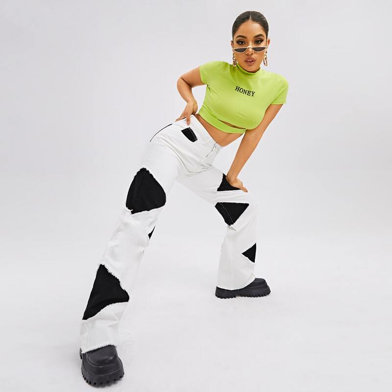 

High Waist Color Block Straight Leg Jeans, Black and white