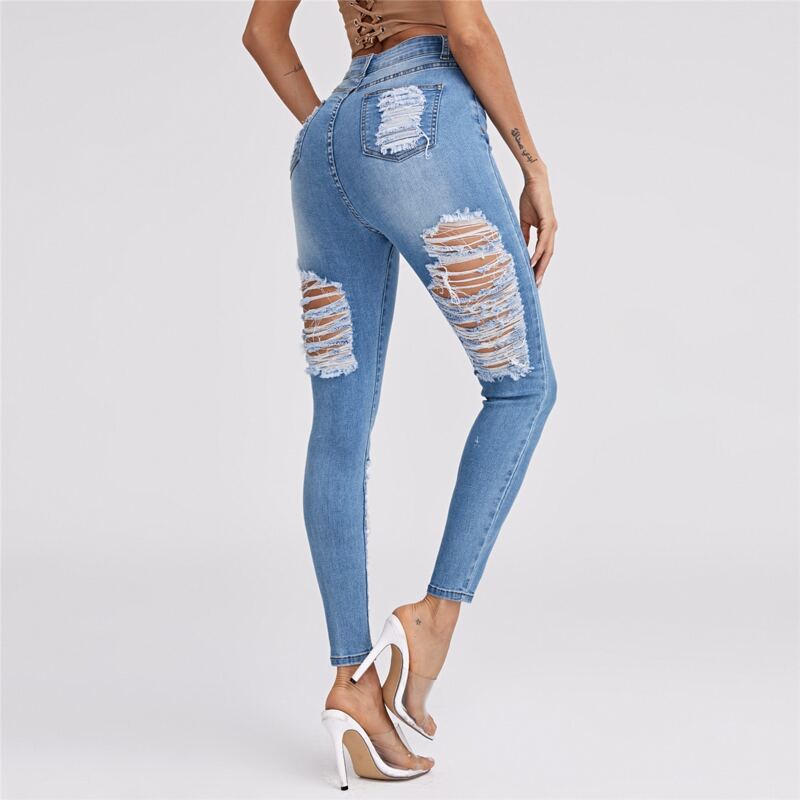 

High Waist Ripped Skinny Jeans, Light wash