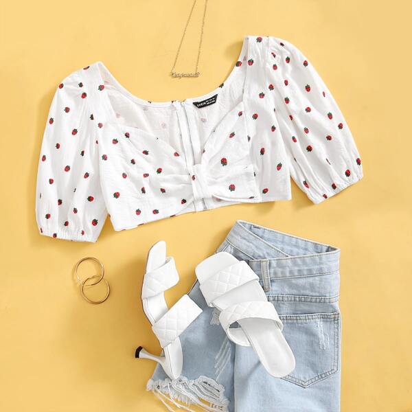 

Strawberry Print Crop Top, White