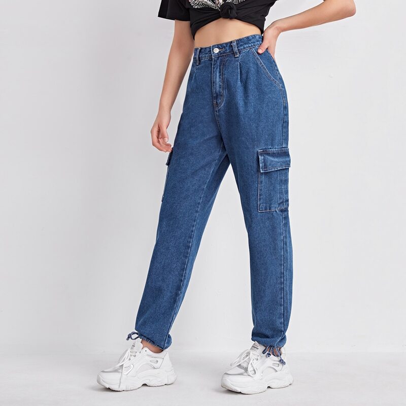 

High Waist Drawstring Hem Cargo Jeans, Medium wash