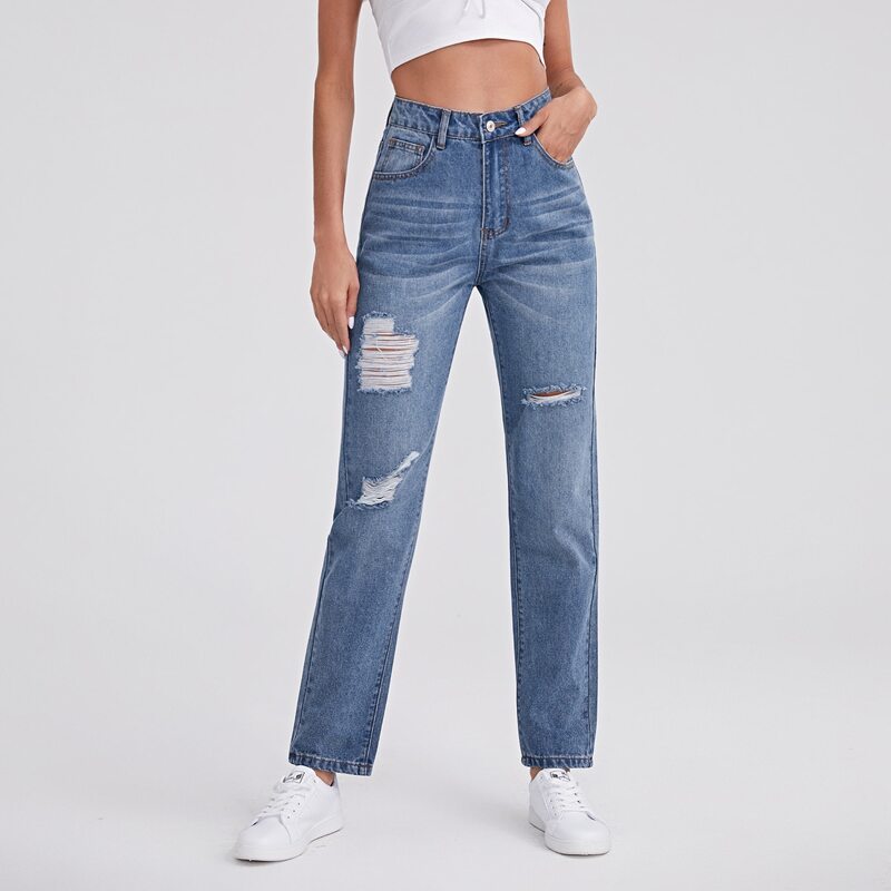 

High Waist Ripped Detail Jeans, Medium wash