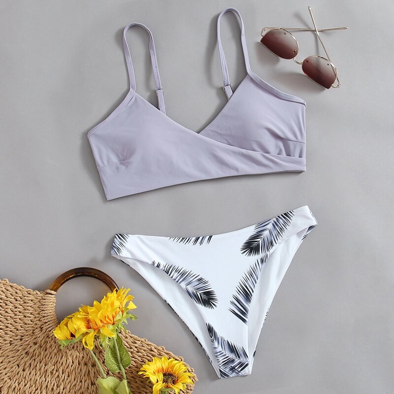 

Leaf Print Mismatched Bikini Swimsuit, Multicolor