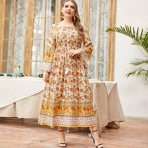 

Plus Floral Print Flounce Sleeve Tassel Detail Dress, Multicolor