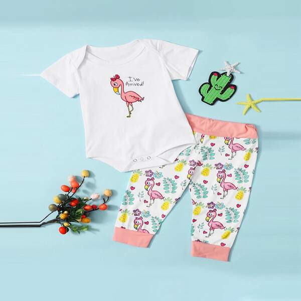 

Baby Girl Slogan And Cartoon Graphic Bodysuit With Pants, Multicolor