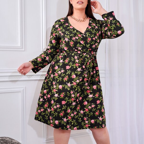 

Plus All Over Floral Print Surplice Neck Belted Dress, Multicolor