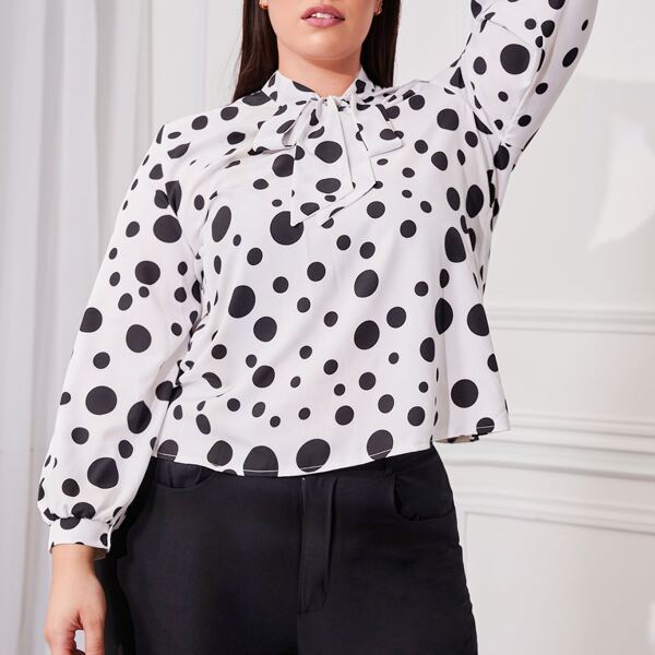 

Plus Polka Dot Tie Neck Blouse, Black and white