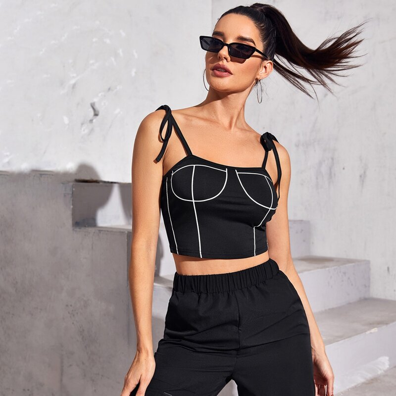 

Graphic Print Tie Shoulder Crop Cami Top, Black