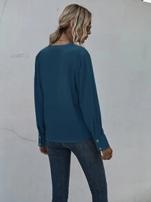 SHEIN LUNE Notched Neck Pleated Decoration Blouse - Dusty Blue - View 2