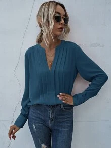 SHEIN LUNE Notched Neck Pleated Decoration Blouse - Dusty Blue - View 4