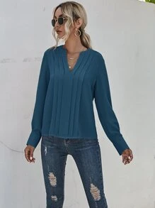 SHEIN LUNE Notched Neck Pleated Decoration Blouse - Dusty Blue - View 5