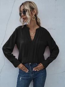 SHEIN LUNE Notched Neck Pleated Decoration Blouse - Black - View 1