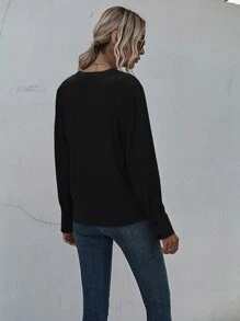 SHEIN LUNE Notched Neck Pleated Decoration Blouse - Black - View 2