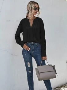 SHEIN LUNE Notched Neck Pleated Decoration Blouse - Black - View 3