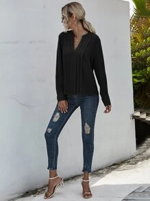 SHEIN LUNE Notched Neck Pleated Decoration Blouse - Black - View 7