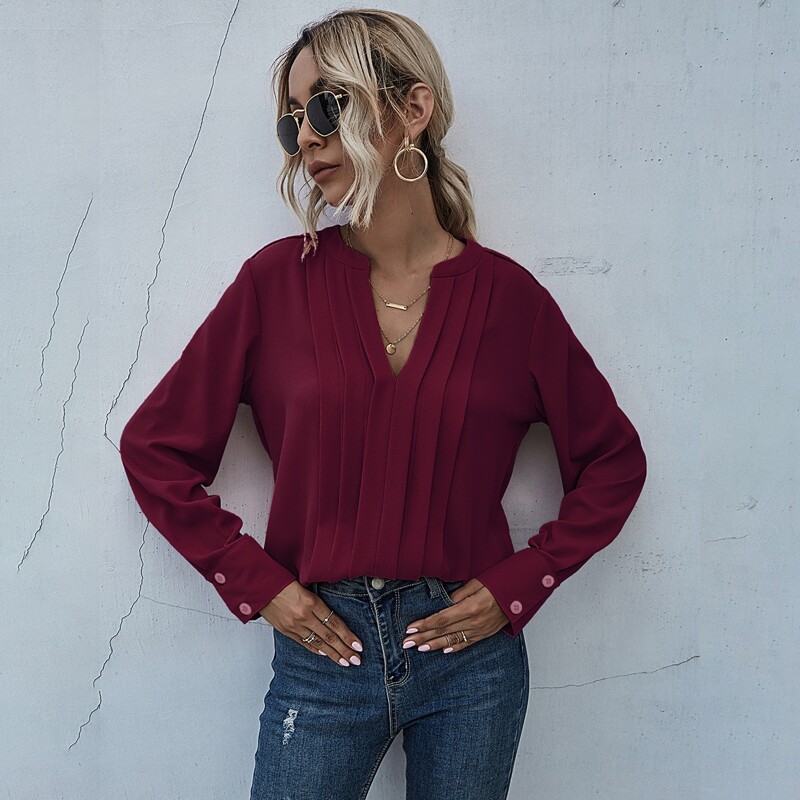

Notched Neck Pleated Decoration Blouse, Maroon