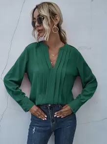 SHEIN LUNE Notched Neck Pleated Decoration Blouse - Dark Green - View 1