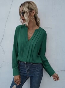 SHEIN LUNE Notched Neck Pleated Decoration Blouse - Dark Green - View 4