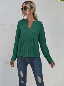 SHEIN LUNE Notched Neck Pleated Decoration Blouse - Dark Green - View 5