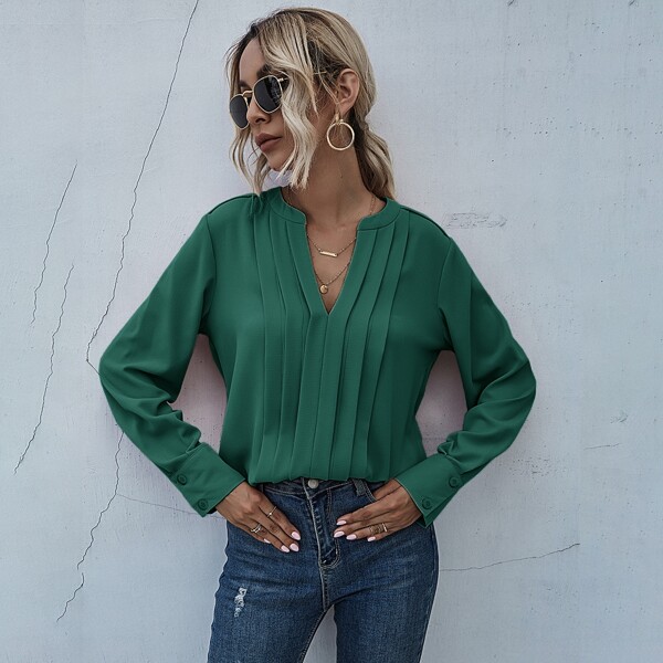 

Notched Neck Pleated Decoration Blouse, Dark green