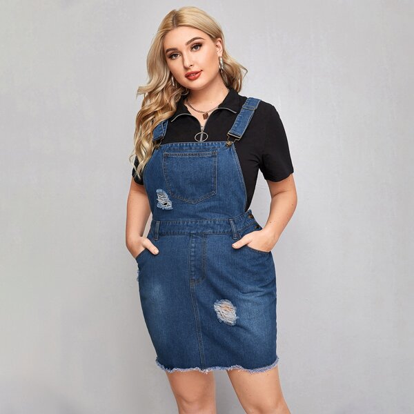 

Plus Ripped Raw Hem Overall Denim Dress Without Tee, Dark wash