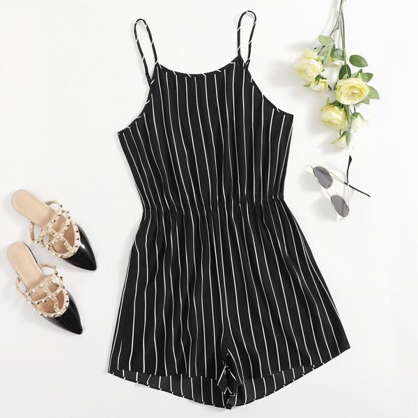 

Plus Striped Wide Leg Cami Romper, Black