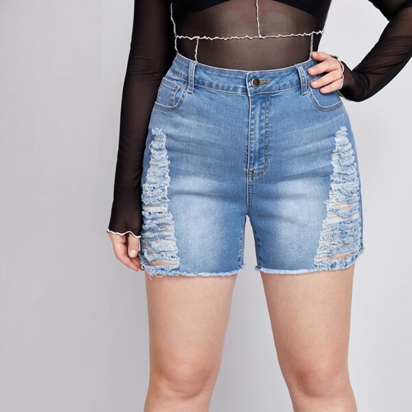 

Plus Ripped Raw Hem Denim Shorts, Light wash