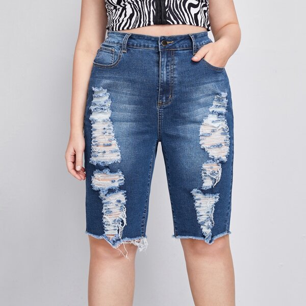 

Plus Ripped Raw Hem Bermuda Denim Shorts, Medium wash