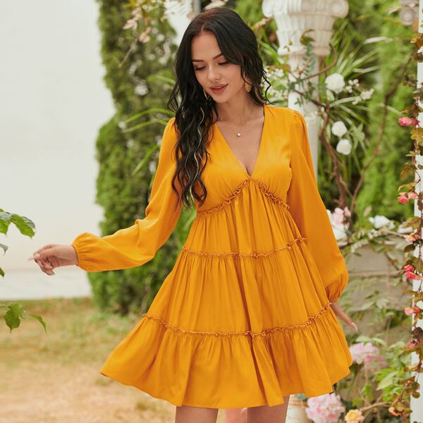 

Plunging Neck Frill Smock Dress, Mustard yellow