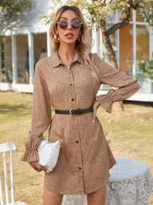 Vestido camisa con estampado sin cinturón - Caqui - Ver 1