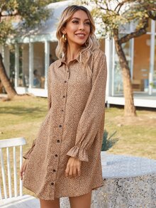 Vestido camisa con estampado sin cinturón - Caqui - Ver 4