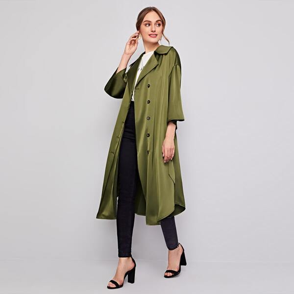 

Drop Shoulder Double Breasted Satin Belted Coat, Army green