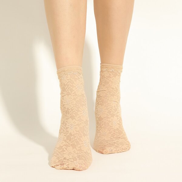 

Solid Lace Floral Crew Socks, Camel