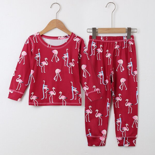 

Toddler Girls Flamingo Print Topstitching Pajama Set, Rose red