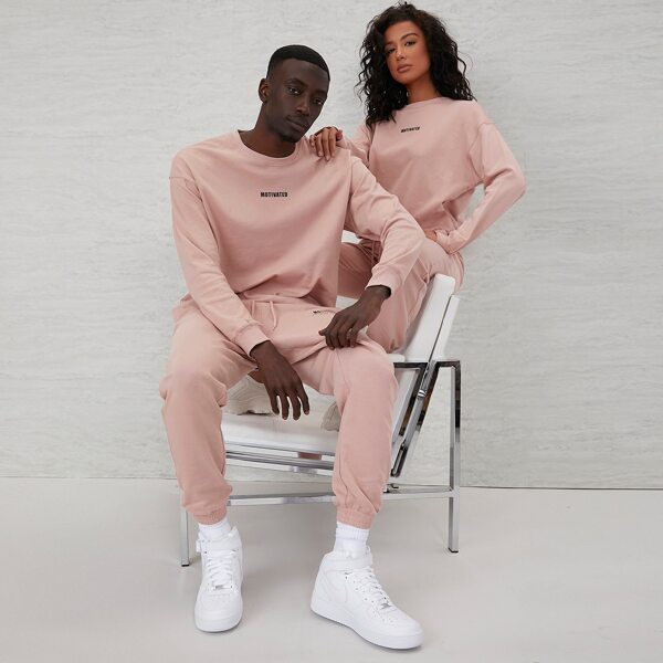 

1pc Slogan Graphic Drawstring Waist Sweatpants, Dusty pink