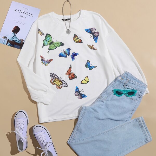 

Butterfly Print Drop Shoulder Pullover, White