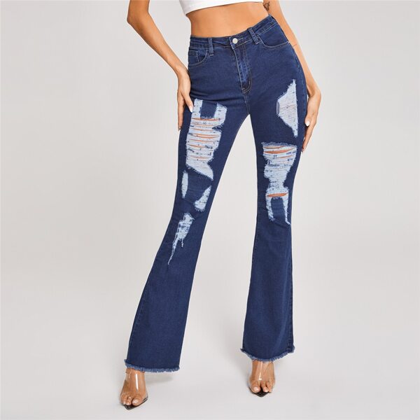 

Raw Hem Ripped Flare Leg Jeans, Medium wash