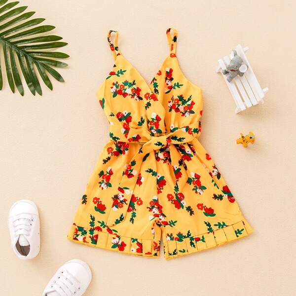 

Baby Girl Floral Print Ruffle Hem Belted Cami Romper, Yellow