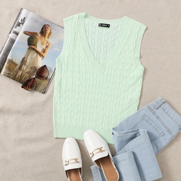 

Solid Cable Knit Sweater Vest, Pastel mint green