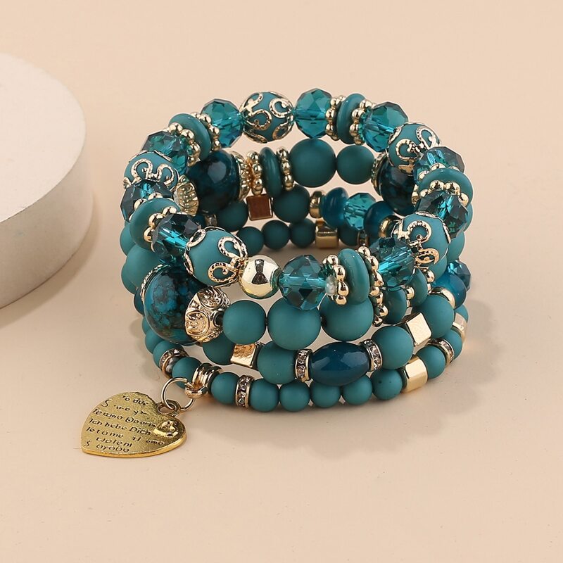 

4pcs Heart Charm Beaded Bracelet, Blue