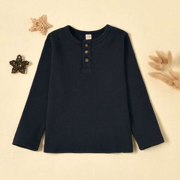 

Toddler Boys Waffle Knit Button Front Tee, Navy blue