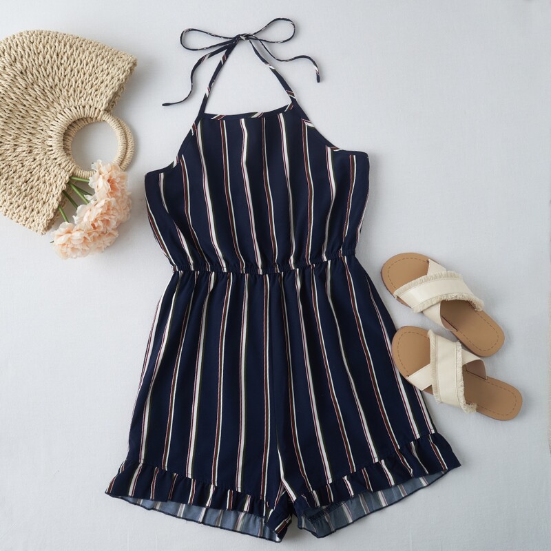 

Striped Tie Back Halter Romper, Navy blue