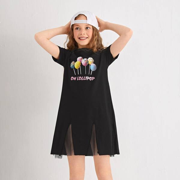 

Girls Lollipop & Letter Graphic Tee Dress, Black