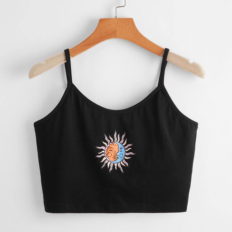 

Sun & Moon Graphic Crop Cami, Black