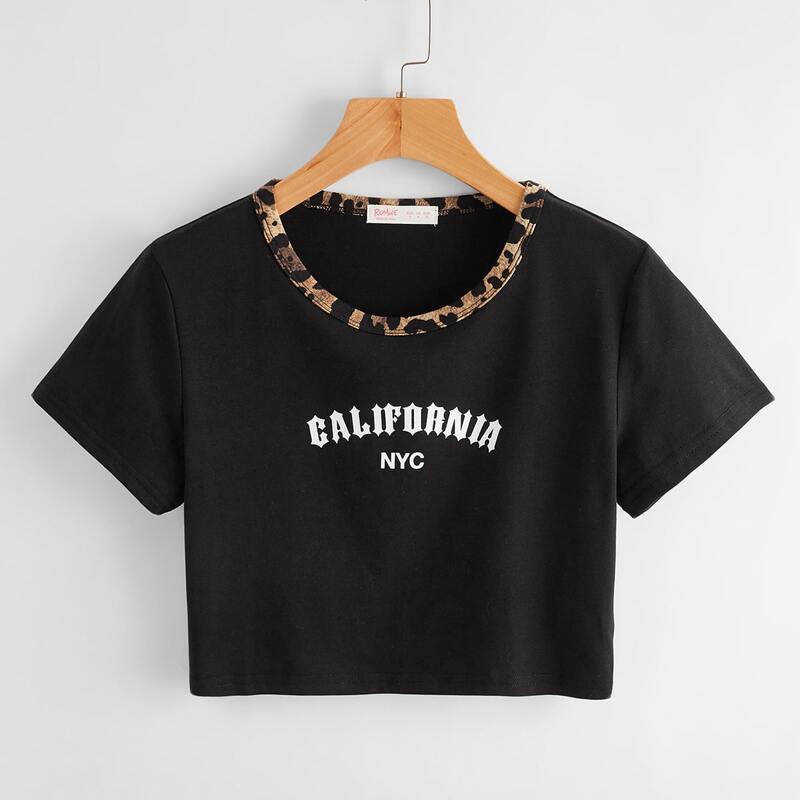 

Leopard-Binding Letter Graphic Crop Tee, Black