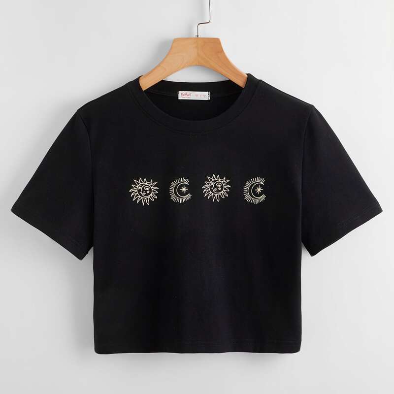 

Sun & Moon Graphic Crop Tee, Black