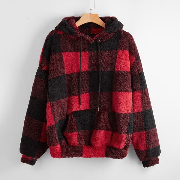 

Drop Shoulder Buffalo Plaid Teddy Drawstring Hoodie, Multicolor